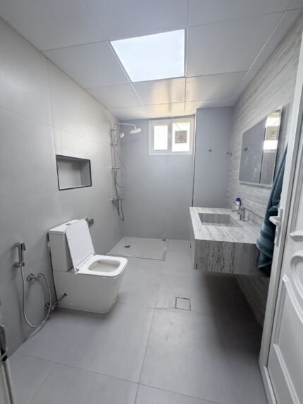 Renovated bathroom with terrazzo tile wall, floating vanity and walk-in shower